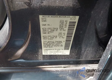 2012 Nissan Titan Sv из США, поврежденный, VIN 1N6BA0ED4CN310478